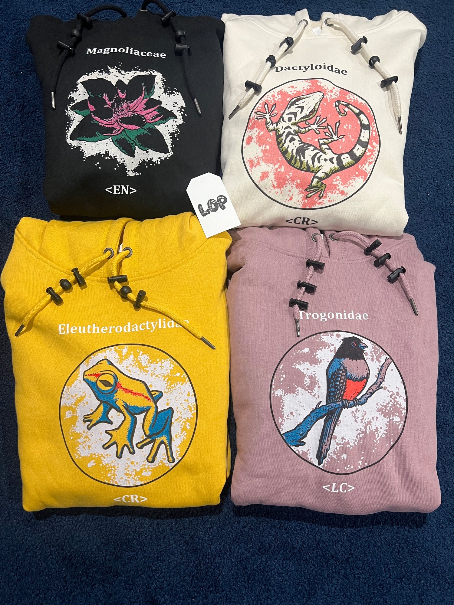 4 hooded sweatshirts with animals on them. 1 has a bird, 1 has a lizard, 1 has a flower and 1 has a frog. 1 yellow hoody, 1 lavender hoody, 1 black hoody and 1 natural color hoody 